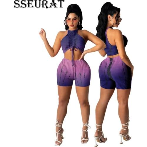 SSEURAT Women Set Print Sleeveless Crop Tops Stretchy Shorts 2 Two Piece Sets Sexy Tracksuit Outfits Summer
