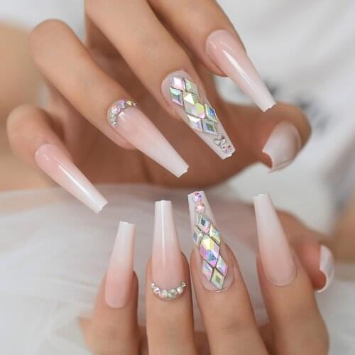 Extra Long Fake Nails False Set Press On Tips Ombre 3D Bling Nails With Rhinestones Coffin Ballerina Nail Art