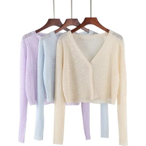 Thin lightweight knitted women sweater cardigan v-neck long-sleeved solid short high waist female outwear coat tops