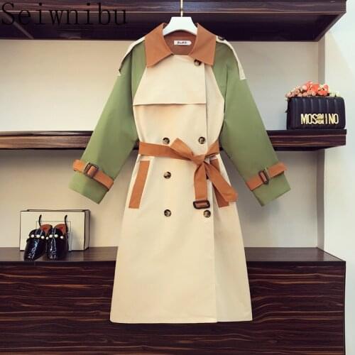 Seiwnibu Vintage Patchwork Windbreaker For Women Lapel Long Sleeve High Waist With Sashes Lace Up Bowknot Coat Female Fall