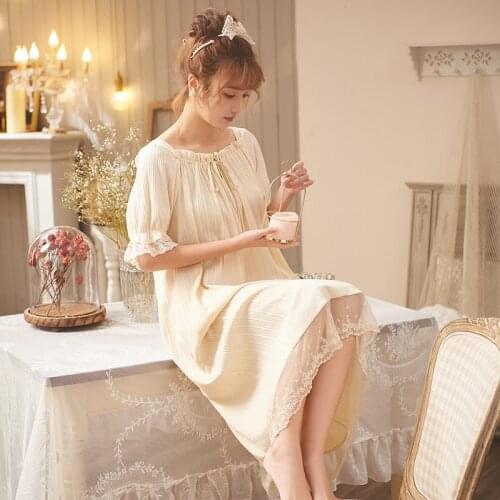 Wasteheart Women Homewear Khaki Sexy Sleepwear Night Dress Lace Cotton Nightwear Nightgown Sleepwear Luxury Female Lovely Gown