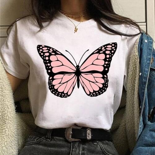 Women Pink Butterfly White T Shirt Girl Harajuku Korean Style Graphic Tops 2021 Kawaii Female T-shirt,Drop Ship