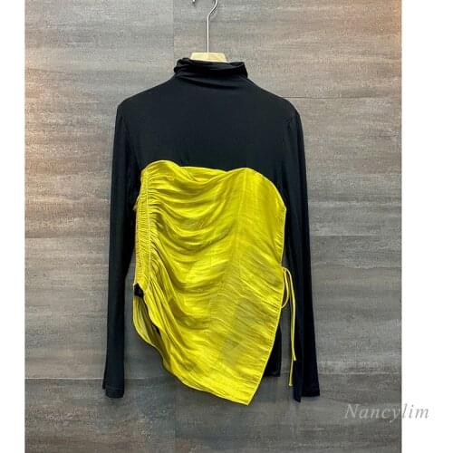 Korean Style Long Sleeve Turtleneck T-shirt for Women 2020 Autumn Top Female Fashion Design Drawstring Lace Color Contrast Tee