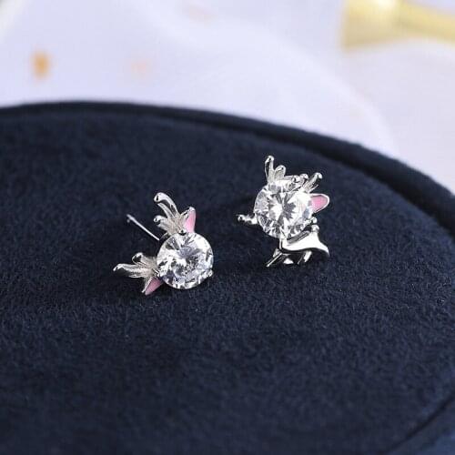 S925 Sterling Silver Zircon Antlers Asymmetric Cute Animal Fawn Pink Stud Earrings Jewelry