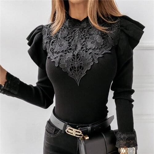Elegant Women Spring Autumn Sweaters Patchwork Lace Ruffles Decor Sweater O-Neck Long Sleeve Solid Slim Pullovers Knitted Top