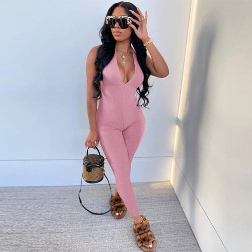 2021 New Skinny Rompers for Women Ladies Sexy Deep V-neck Backless Sleeveless Jumpsuit Summer Breathable One Piece Slim Overalls