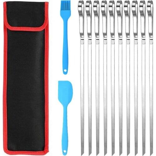 10PCS Kabob Skewer Flat Forks Metal Reusable Stainless Steel BBQ Barbecue Sticks For Outdoor Camping Picnic Grill Accessories