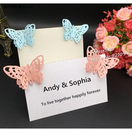 50Pcs free shipping New laser cut Butterflies Pearl Paper Wedding Invitation Seat Name table Holder Cards for party Decoration