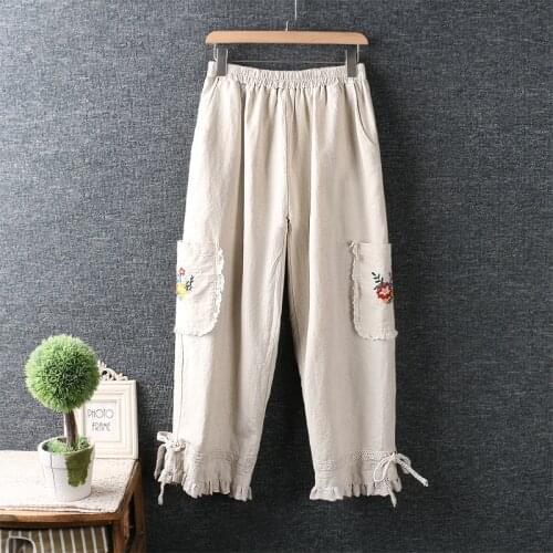 New Summer Women Pants Japan Style Mori Girl Elastic Waist Cotton and linen Loose Lacing Wide leg Pants