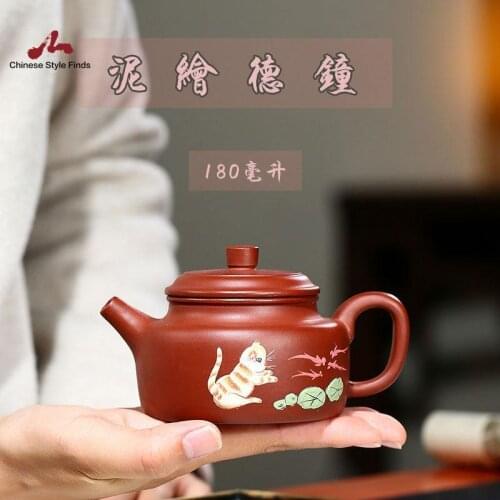 Handmade Yixing Teapot 180cc Purple Clay Zisha Pot Painting Tea Pot Dezhong