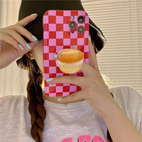 INS Korean PINK chessboard lattice funny cake bracket phone Case for iphone XR X XS Max 7 8 plus 12 11 Pro max Cute soft cover