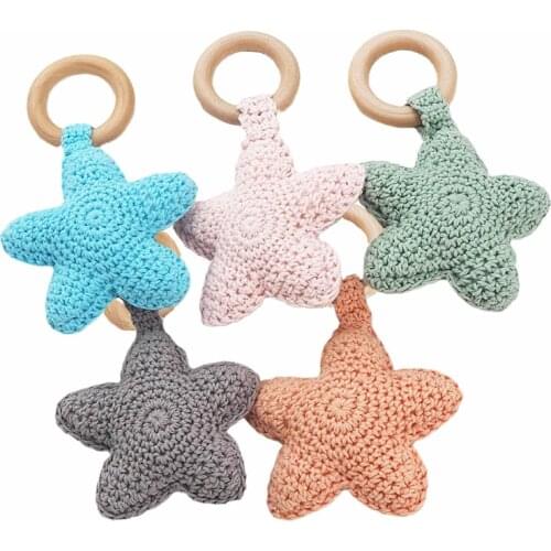 Chenkai 1PCS Corchet Star Nature Wooden Ring Baby Teether DIY Handmade Infant Pacifier Dummy Nursing Teething Grasping Toy