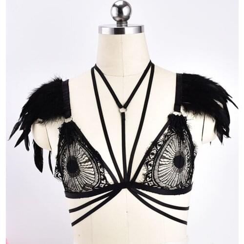 Black Lace Harness Bra, See Through Tops Bondage Harness, Shoulders Feathers, BDSM, Fetish Wear Pole Dance Sexy Lingerie