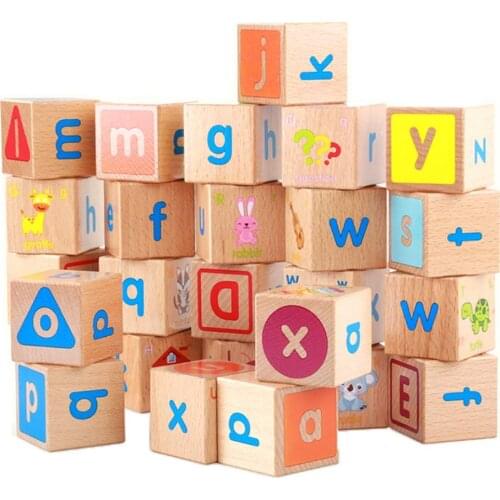 26pcs Wooden Blocks Cubes Letters 26 Alphabet Montessori Cognition Material Early Learning Toy Preschool Teaching Aid for Child