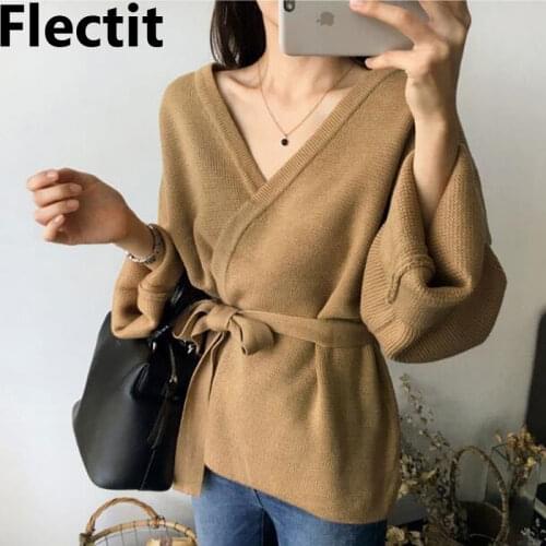 Flectit Women Cardigan With Tie Belt Wide Sleeve Open Front Cozy Knit Cardigan Ladies Knitwear Autumn Winter Cardigans Sweater