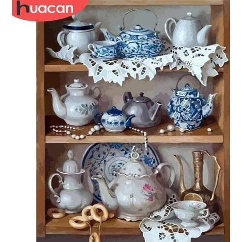 HUACAN Coloring By Number Tea Pot Kit Oil Painting Modern Wall Art Pictures By Numbers For Unique Gifts