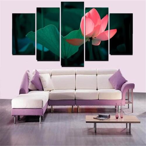 5 Pieces Wall Art Canvas Painting Pictures Framework HD Prints Home Decor Living Room Pink Lotus Flower Lotus Leaf Poster