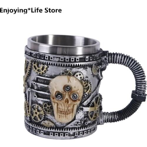 Coffee Mug Resin Skull Beer Mug Stainless Steel Cup Wine Cup Halloween Bar Decoration Home Wine Glass Tea Cup