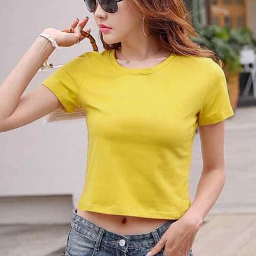 95 Cotton Round Neck Short T-shirt Womens Versatile Thin Bottomed Shirt Korean Version Simple Small Open Navel Student Top