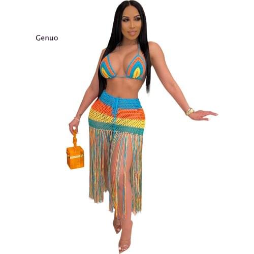 Summer Boho Crochet Two Piece Skirt Set Women Sexy Hollow Out Tassels Dress Beach Wear 2 Piece Swimsuit Cover Up Dress