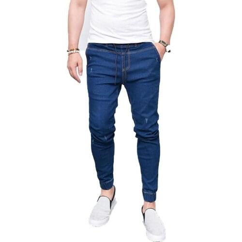 Hot Sale Mens Jeans Lace Up Elastic Jeans For Men New Mens Jeans Fashion Men Casual Slim Fit Straight Stretch Feet Skinny Jeans