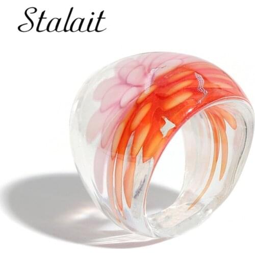 Fashion Color Contrast Texture Glass Rings Temperament Big Ring Mixed Dyed Flower Trend Irregular Transparent Ring For Women