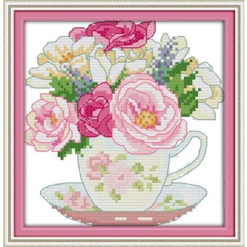 Joy Sunday Cross Stitch Kit 11CT 14CT Teacups & Flowers Small Simple Modern Student Children Manual Hobby Embroidery