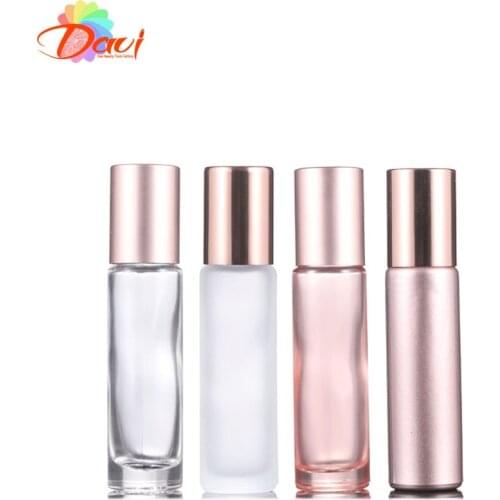 Set of 4 10ml Rosepink Glass Roller Bottles w/Matt Mirror Essence/Basic Oils Serum Roll on Ball Massage Perfume Refill Skincare