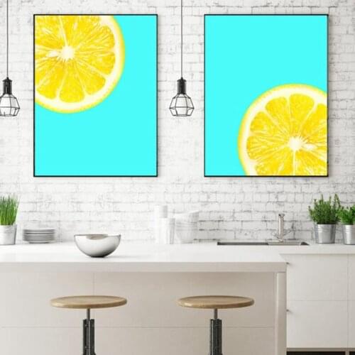 Wall Art Canvas Painting Lemon Aqua Teal Poster Fruit Modern Minimalist Poster Fresh Wonderful Wall Picture Kitchen Decor