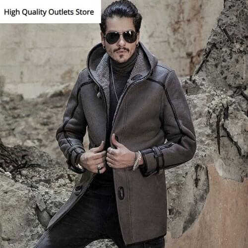 Genuine leather jacket men real leather coat retro vintage shearling sheepskin fur coats mid long with hood fashion nordic style