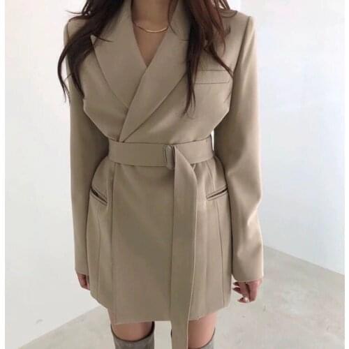 Autumn Winter Womens Blazers Sashes Jackets Notched Outerwear England Style Solid Cardigan Tops korean vintage office lady