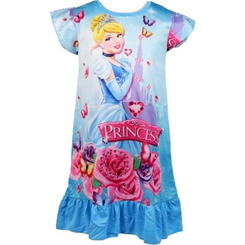 3-9Y New Disney Princess Nightdress Kids Girls Summer Cartoon Print Short Sleeve Nightgown Childrens Casual Sleepwear Robe