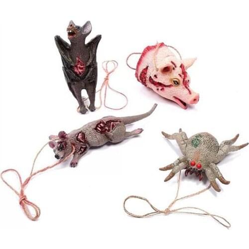 Happy Halloween Fake Bloody Pig Head Animal Shape Bat Rat Spider Pendant Necklace Scary Props Ghost House Wall Hanging Decor