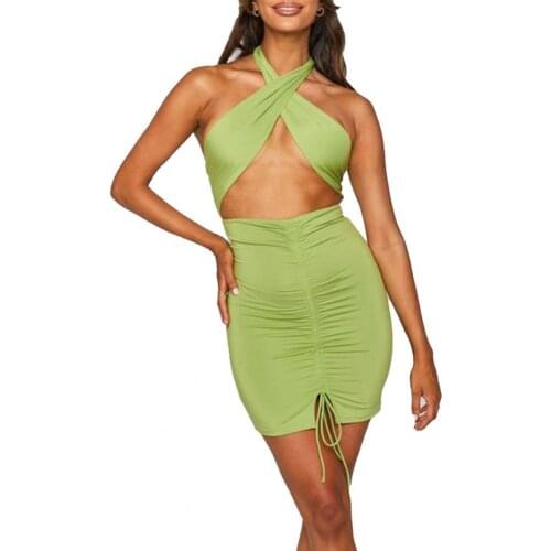 Sexy Bodycon Dress Summer Women Cross Solid Color Backless Sleeveless Drawstring Mini Dress Summer Beachwear Party 2021