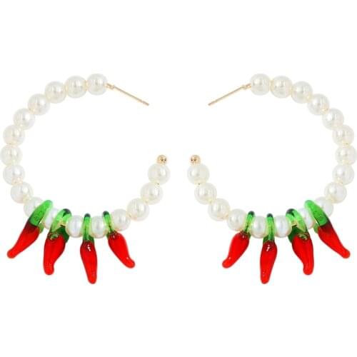 New Trendy Red Chili Hoop Earrings For Women Bohemian Pearl Circle Statement Pendant Earrrings Female Pepper Piercing Jewelry