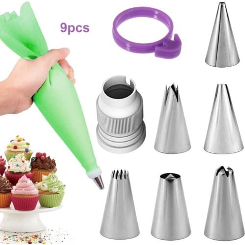 9Pcs/Set Silicone Kitchen Accessories Icing Piping Cream Pastry Bag With Nozzles Icing Piping Tip DIY Cake Decorating Tool