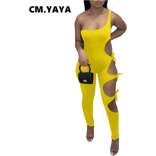 CM.YAYA Women Jumpsuit Solid One Shoulder Skew Collar Hole Bandage Pencil Slim Jumpsuits Sexy Night Club Party Outfit Summer