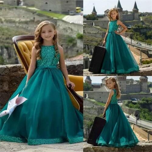 Dark Green Shining Flower Girl Dresses Tulle Sleeveless Pageant Dresses for Girl 2019 Applique Holy Communion Party Dresses