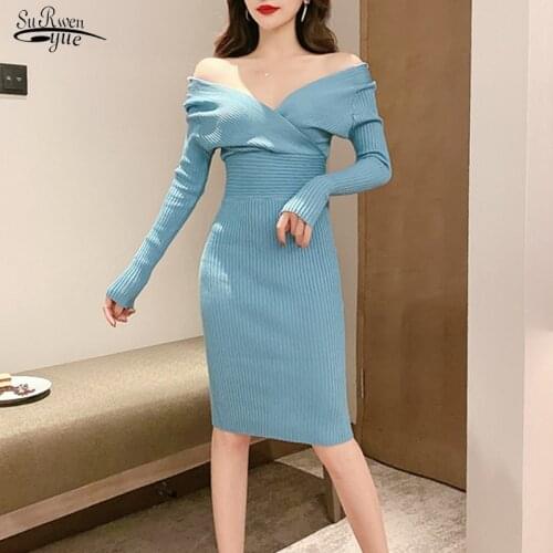 High Waist Long Sleeve Sweater Dress V-collar Off Shoulder Dresses Sexy Knit Dress Women Fashion Sheath Vestido Feminino 12251