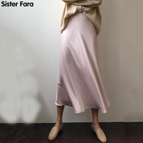 Sister Fara Spring High Waist Satin Womens Skirt Zipper Solid Straight A-line Long Skirts Casual Mid-Calf Skirt Women Autumn