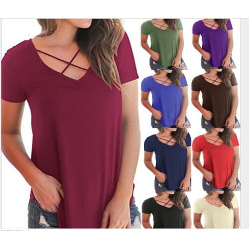 Spring and summer new womens front cross V collar short sleeve loose T-shirt