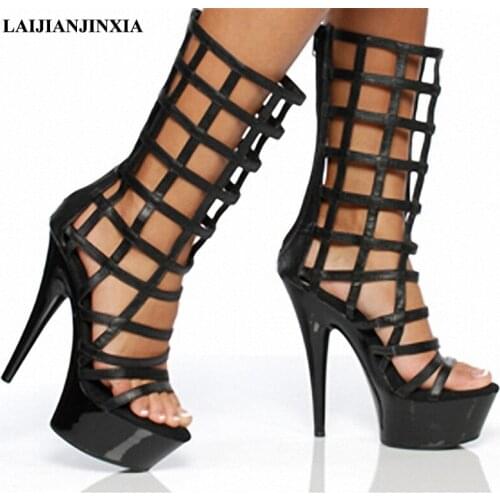 Women Black Fashion Boots Ankle Boots Peep Toe Zip Womens Boots 15CM High Heels Pump Summer Shoes