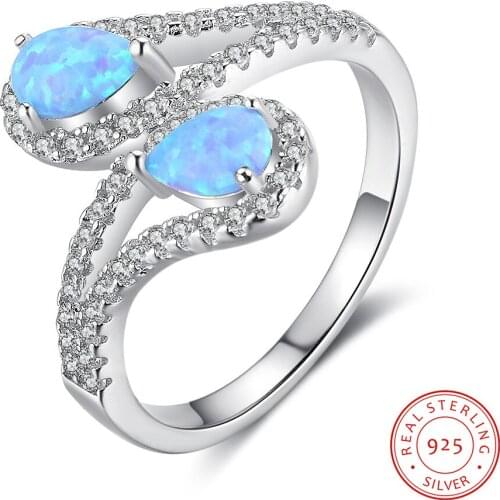 Blue Fire Opal Stone Rings Double Opal Rings 925 Sterling Silver Women Rings Zirconia Crystal Engagement Wedding Ring Jewelry