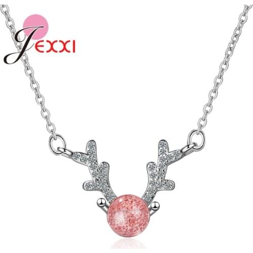Femme 925 Sterling Natural strawberry crystal stag antler necklace female forest clavicle chain simple student stone pendant