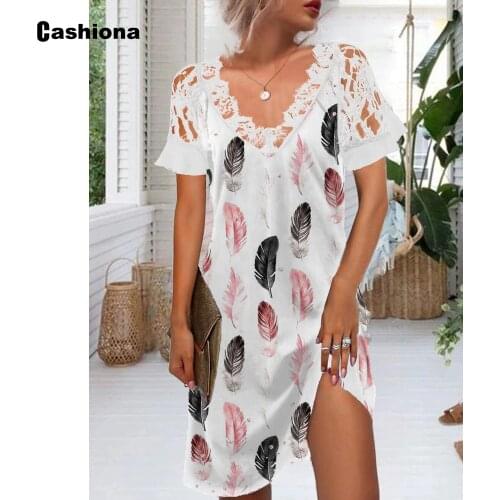 2021 Plus Size Women Knee-Length Dress Bohemian Feather Print Skirt Dresses Womens Patchwork Lace Robe Vestidos Femme Dress