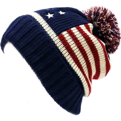 Winter Vintage Stars Stripe Knit USA Flag Beanie Skull Ski Pom Pom Hat Cap