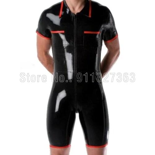 100% Natural Latex Catsuit Black and Red Short sleeve Catsuit swimsuit Tight Jumpsuit Fashion Front Crotch Zipper Customized