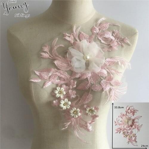 3D three-dimensional flower decoration applique rhinestone pearl embroidery lace DIY wedding dress accessories 1 piece for sale