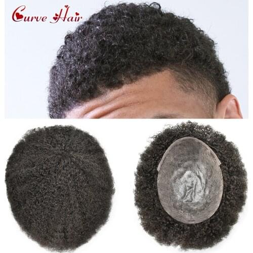 Afro Men Replacement System Full Poly Pu 6mm 8mm Kinky Curly Wig Remy Human Hair African American Afro Wave Toupee Hairpieces