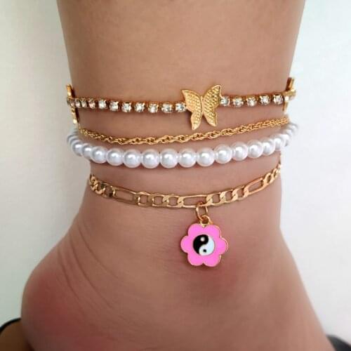 4pcs/set Gold Color Butterfly Yin Yang Pearl Beaded Anklet For Women Rhinestone Tennis Chain Anklets Bracelet Barefoot Jewelry